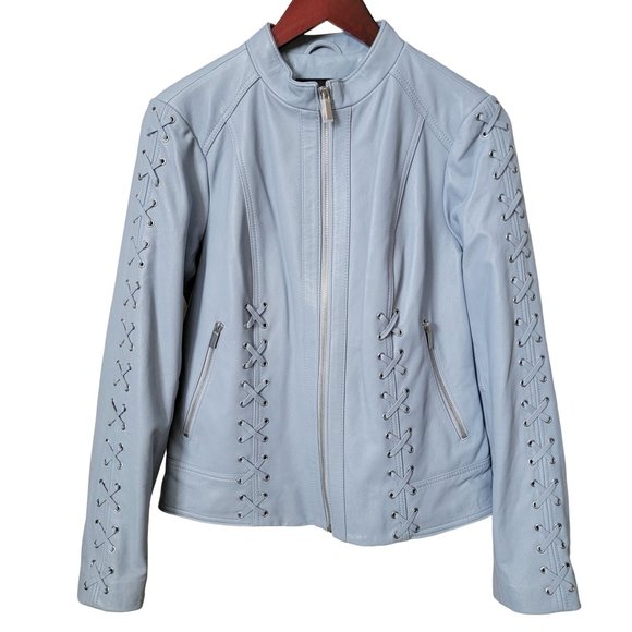 Neiman Marcus Jackets & Blazers - Neiman Marcus Light Blue Leather Lace-Up Moto Leather Jacket